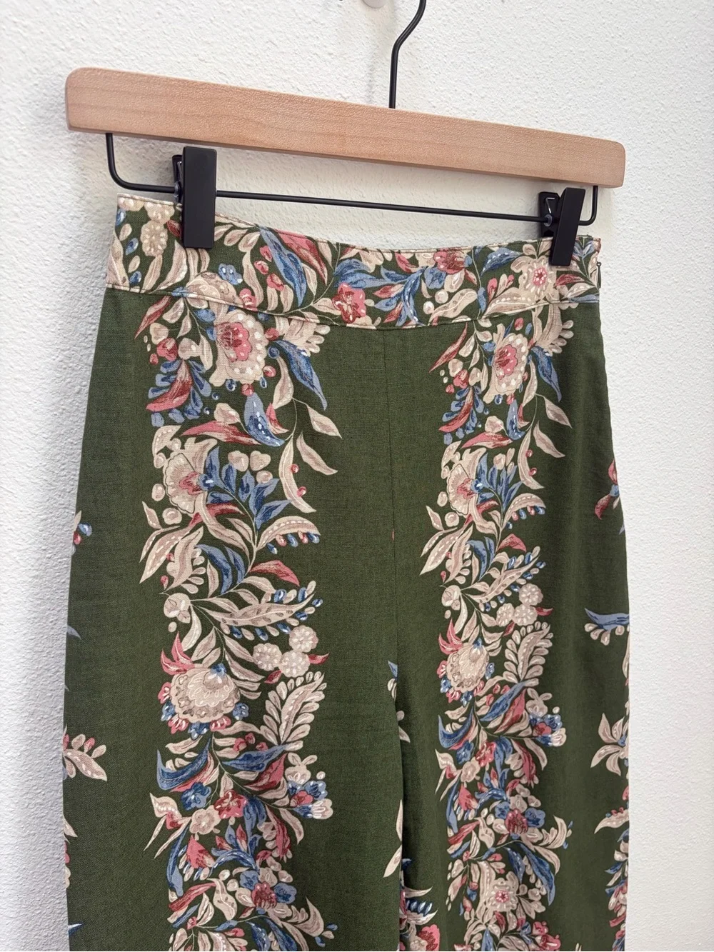 Sezane Tyler Floral Trousers High Waist Wide Leg Linen Cotton Olive Green Size 2